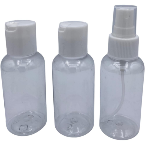 BRBCA - 1-Spray Bottle and 2-Disc Top Combo Travel Bottles for Liquids Toiletries Shampoo Lotion Conditioner - 3oz each / 88ml - 3-Pack (Clear)