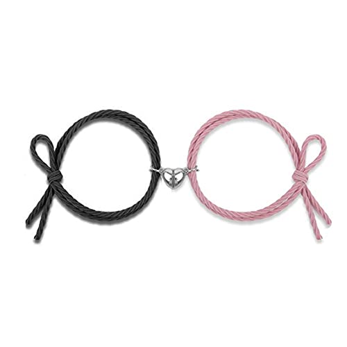 2pcs Couple Magnetic Bracelet Mutual Attraction Rope Heart Charms Braided Bracelets Elastic Matching Promised Jewelry for Friendship Lovers, Black+pink