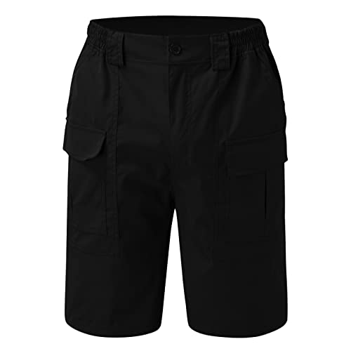 Basic Vintage Men'S Cargo Short Casual Style, Straight Solid Color Cargo Shorts With Elastic Waist For Men, Men'S Cargo Shorts With 6 Pockets Black