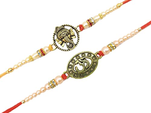 Rakhi brass Bracelet, Unique designer Rakhi, Rakhi celebration with your Brother, Bhabhi/Sibling, Sister, Father & Family. Set of 2 (Design Lord Ganesha and Om, Small)