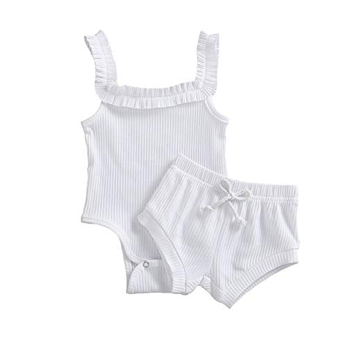 2PCS Baby Girls Clothes Set Strap Solid Top Jumpsuit Bloomers Short Sets Summer Outfit Clothes 0-24M (White-A, 3-6M)