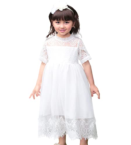 Kids White Lace Dress Party Princess Maxi Dress for Flower Girl Wedding Dress Short Sleeve Dress 2-3Y