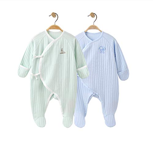 2-Pack Baby Footed Pajamas with Mittens 100% Cotton Green/Blue Uni  Baby Pajamas Set 0-3 Months