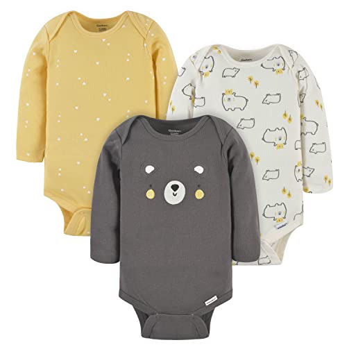 Baby 3-Pack Long-Sleeve Onesies Bodysuit, Black Yellow Bear, 0-3 Months