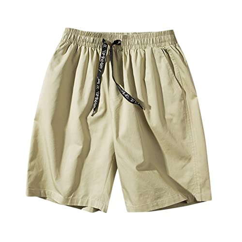 DIOMOR Work Out Shorts Men Summer Drawstring Men Embroidered Straight Runing Solid Sports Shorts Pants Color (Khaki, XXL)