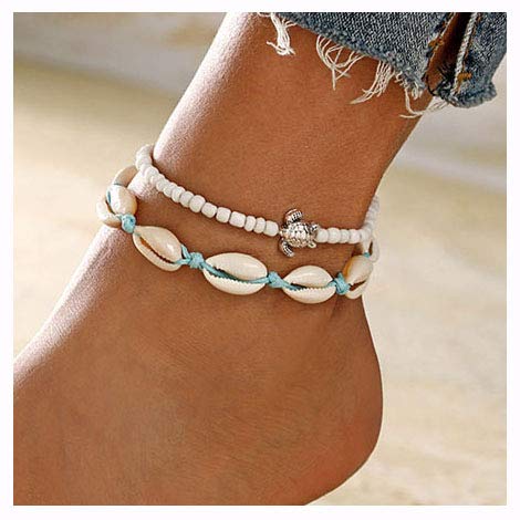 Boho Turtle Layered Shell Anklet Set Silver Ankle Bracelets Beaded Foot Chain Beach Foot Jewelry Accessories for Women and Teen Girls