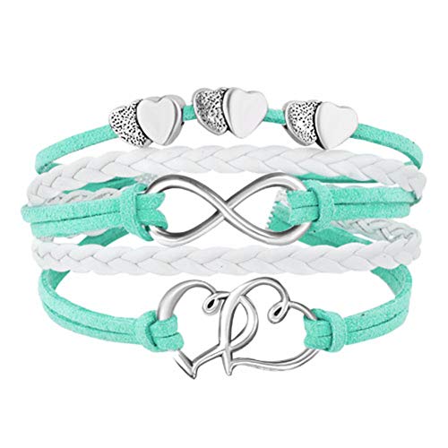 Leather Wrap Bracelets Girls Double Hearts Infinity Rope Wristband Bracelets Gifts (Green)