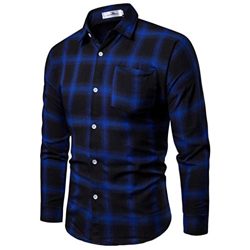 Men's Fashion Business Plaid Printing T-Shirts Casual Long-sleeved Lapel Tops Fall Button Office Shirt Tee Cool Weather Double-breast Trench Coat Polo Shirt Checked Cozy Jumper Sweaters