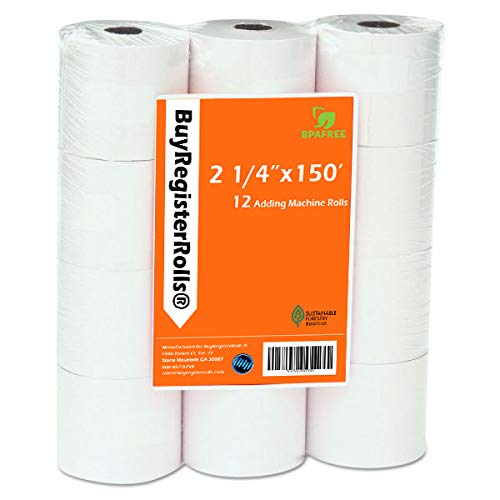 (12 Rolls) 2 1/4 x 150 ft White Adding Machine Tape Paper Rolls Premium One Ply Register / Adding Machine / Calculator Paper Rolls Printing Calculator 10 Key