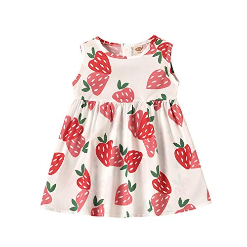 Summer Sleeveless Dress Sweet Fruit Printing Back Buttons A-line Princess Dress for Girl Strawberry, 5-6 Years