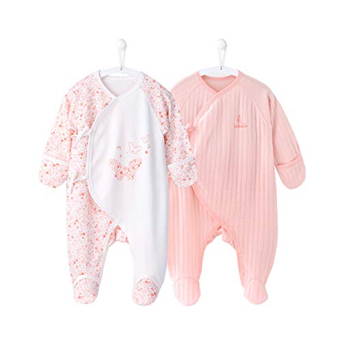 2-Pack Baby Girl Footed Sleeper with Mittens 100% Cotton Butterfly Baby Girl Pajamas Set 3-6 Months