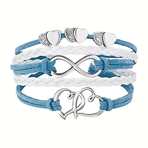 Leather Wrap Bracelets Girls Double Hearts Infinity Rope Wristband Bracelets (Blue)