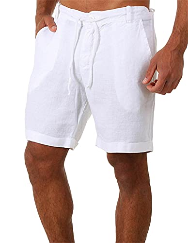 Linen Cotton Athletic Shorts For Men Summer Lightweight Board Slim-Fit Shorts Lacing Waist Short Pants With Pockets (White,Medium)