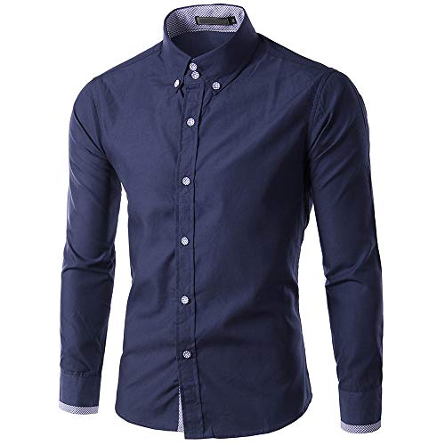 Men Long Sleeve Shirt New Recreational Button Long Sleeve Shirt Fashion Pure Long Sleeve Top Darkblue