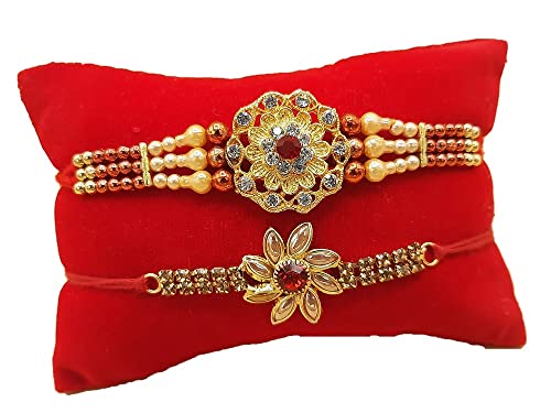 Rakhi brass Bracelet, Unique designer Rakhi, Rakhi celebration with your Brother, Bhabhi/Sibling, Sister, Father & Family. Set of 2 (Fancy Rakhi with beautiful stones, Small)