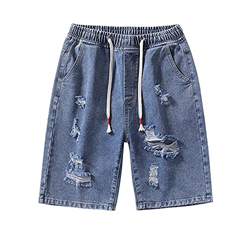 Men's Broken Holes Plus Size Stretch Denim Short Pants Ripped Drawstring Jean Shorts Destroyed Straight Leg Jeans Short (4X-Large,Dark Blue)