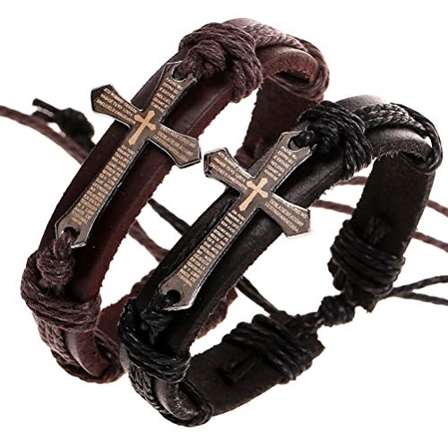 2Pcs Cross Cuff Gifts Christian Scripture Genuine Leather Braided Rope Link Bracelet Set Jewelry A