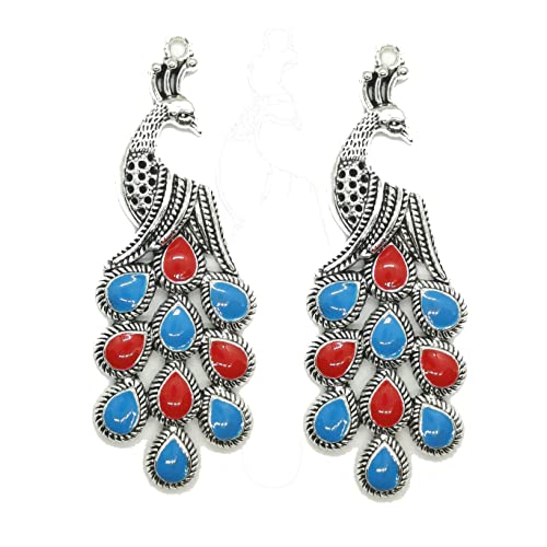 2 Pc Xtra Large Anitique Silver Red Blue Color Dripped Peacock Charm Pendants 85mm