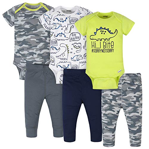 Baby 3 Onesies 3 Pants Outfit Bundle Mix n Match  to 12M, Grey Green Camo Dino, 3-6 Months