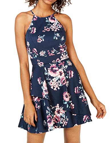 Womens Juniors Floral Criss-Cross Scuba Dress Navy 3