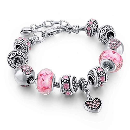 Pink Hearts Silver Plated Charm Bracelets for Women and Teen Girls, Jewelry Gifts Set with Beads and Snake Chain Extender, Adjustable Bracelet Fit 7.5"+1.5"