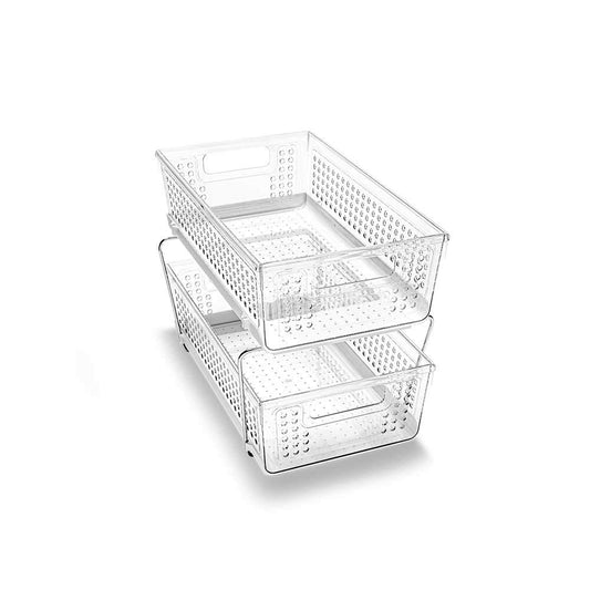 2 Tier Organizer, Multi-Purpose Slide-Out Storage Baskets with Handles, Pack of 1, Clear