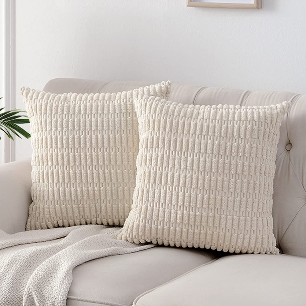 2 Packs Boho Decorative Throw Pillow Covers 18x18 Inch for Living Room Couch Bed Sofa, R tic rn Farmho e Decor, Soft Corduroy Cream Square C hion Case 45x45 cm