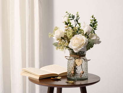 Fake Flowers with Vase, Silk Roses Artificial Flowers in Vase, Faux Flower Arrangement with Vase Suitable for Office Decoration, Dining Table Centerpiece(White)