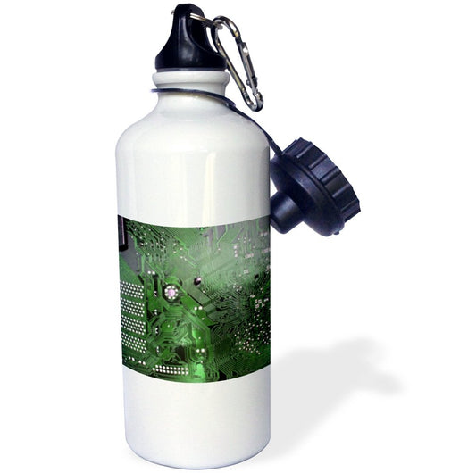 "Green computer p macro photography microp-motherboard circuits-tech geek nerd" Sports Water Bottle, 21 oz, White