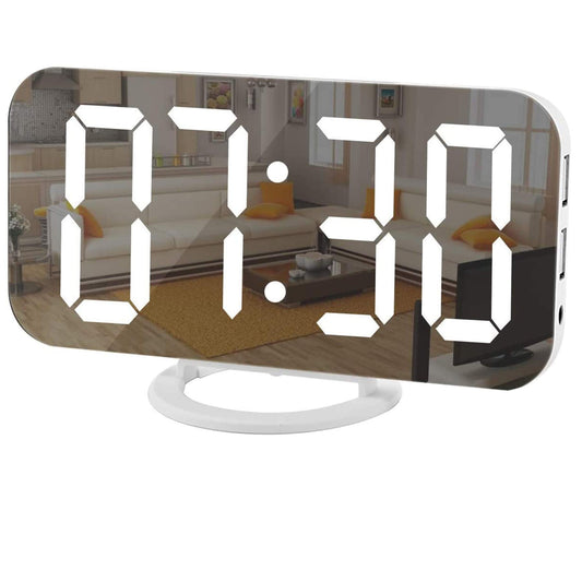 Digital Clock Large Display, LED Electric Alarm Clocks Mirror Surface for Makeup with Diming , 3 Levels Brightness, Dual B Ports rn Decoration for Bedroom Decor-White