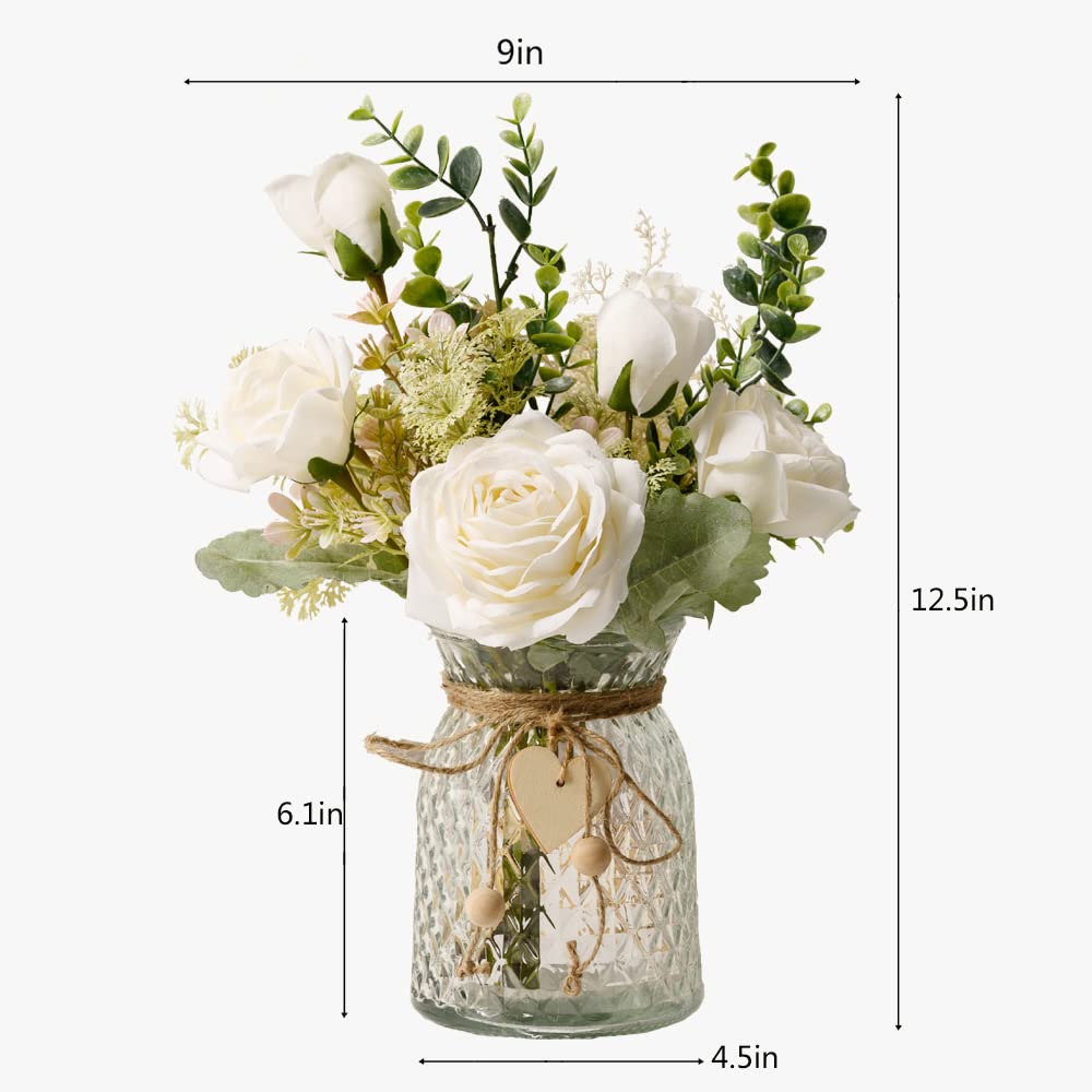 Fake Flowers with Vase, Silk Roses Artificial Flowers in Vase, Faux Flower Arrangement with Vase Suitable for Office Decoration, Dining Table Centerpiece(White)