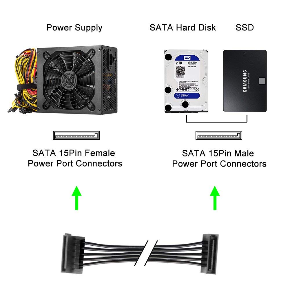 (2 Pack) 15 Pin SATA to 4 SATA Power Splitter Extension Cable, Female to Male, 20 inch