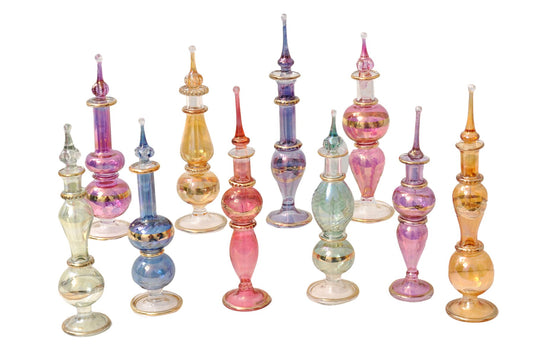 Genie Blown Glass Miniature Perfume Bottles for Perfumes & Essential Oils, Set of 10 Decorative Vials, Each 4" High (12cm), Assorted Colors