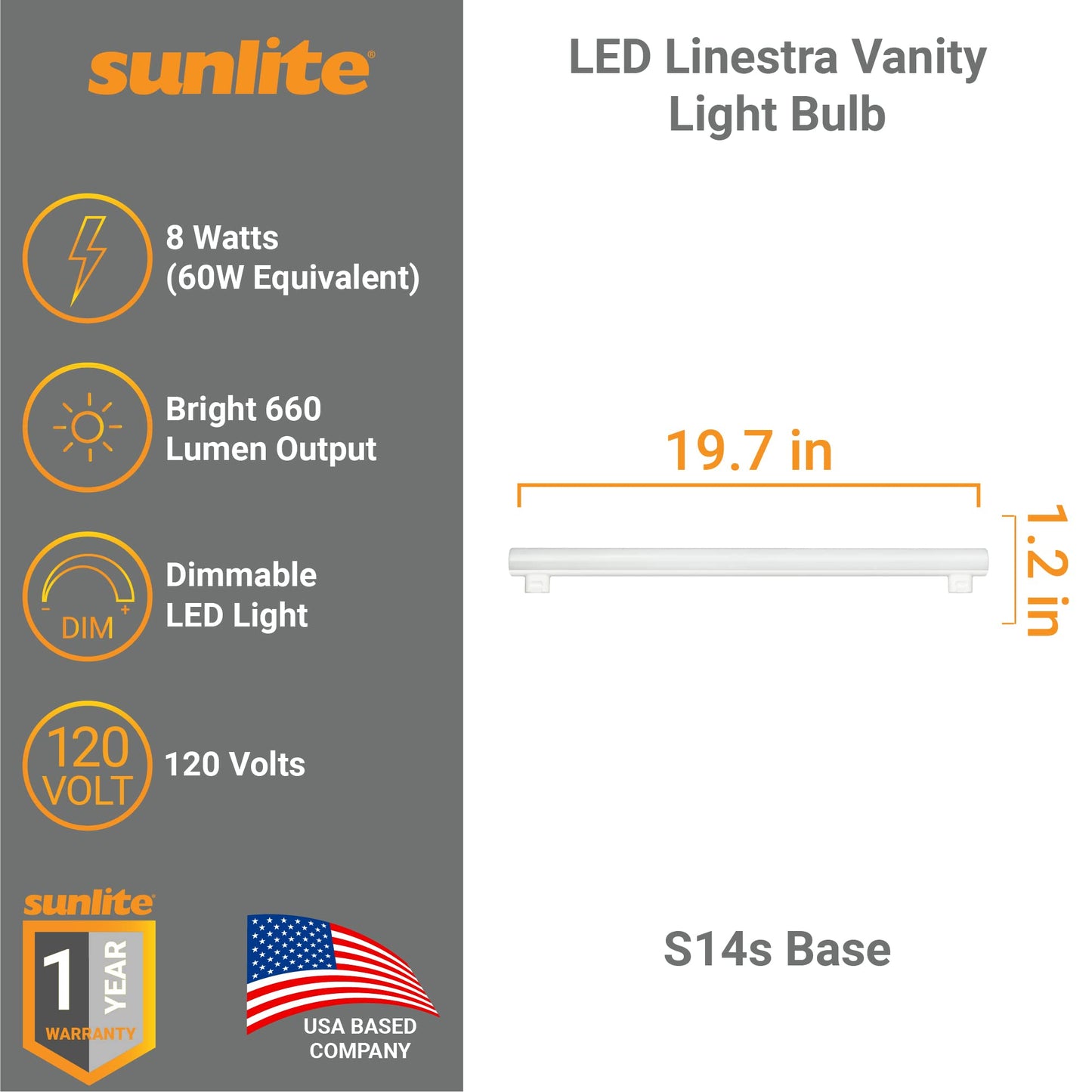 53150-SU LED Linestra Vanity Light Bulb LN60 Replacement Lightbulb, 19.5 Inches, 8 Watt (60W Equivalent), Dimmable, S14s Base, 660 Lumens, 1 Count, 2700K Warm White