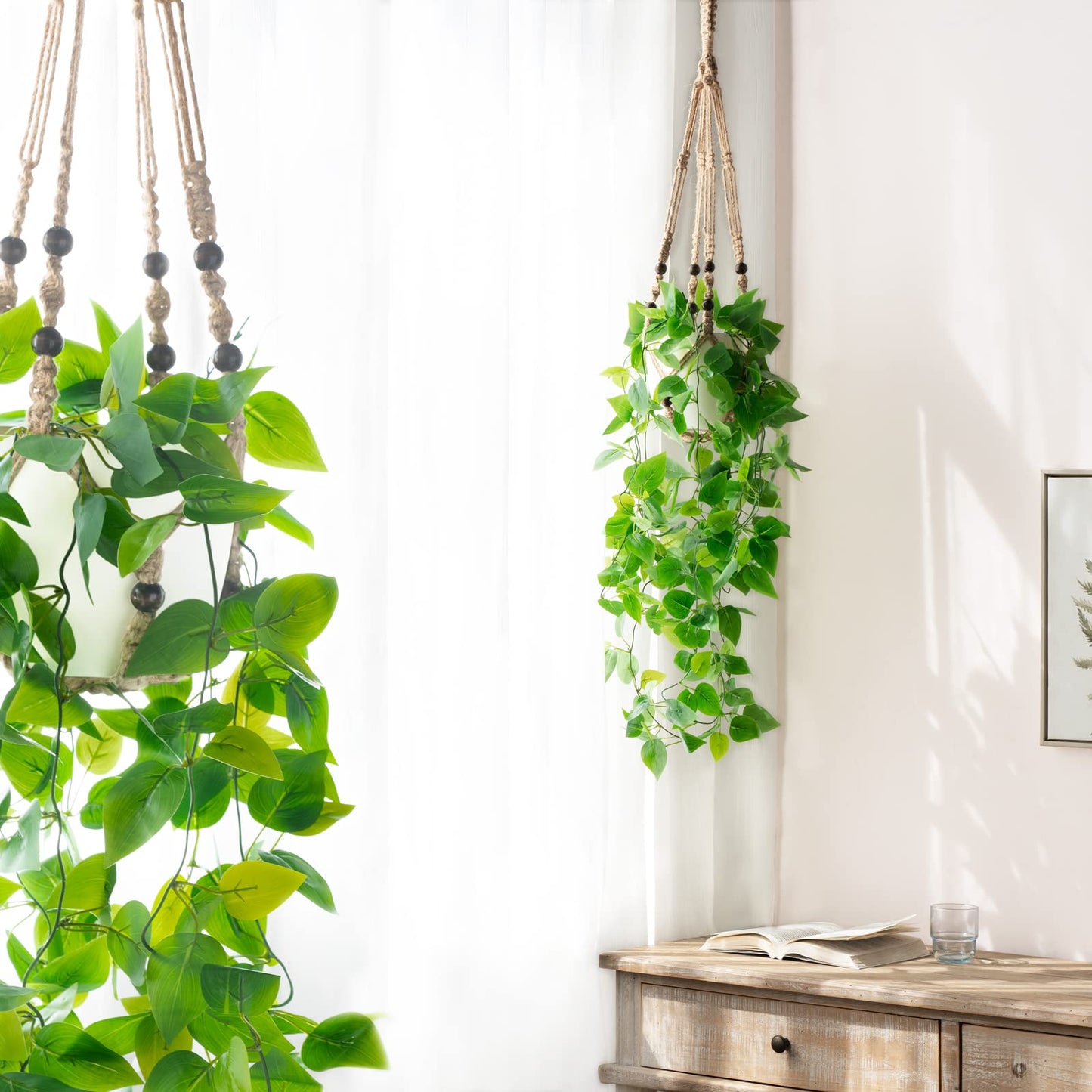 Fake Hanging Plant with Pot, Artificial Plants for Decor Indoor Macrame Plant Hanger with Fake Vines Faux Hanging Planter Greenery for Bedroom Bathroom Kitchen Office Decor, Brown (Pothos)