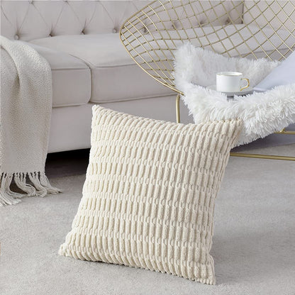 2 Packs Boho Decorative Throw Pillow Covers 18x18 Inch for Living Room Couch Bed Sofa, R tic rn Farmho e Decor, Soft Corduroy Cream Square C hion Case 45x45 cm