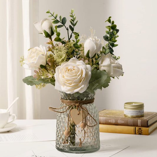 Fake Flowers with Vase, Silk Roses Artificial Flowers in Vase, Faux Flower Arrangement with Vase Suitable for Office Decoration, Dining Table Centerpiece(White)