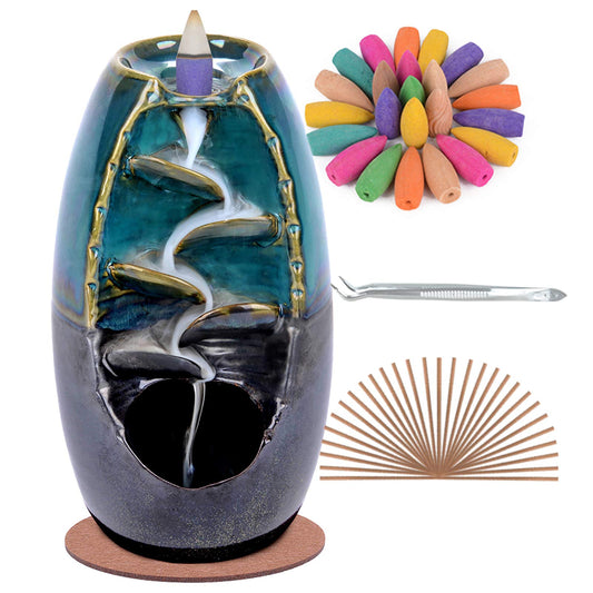 Ceramic Backflow Incense Holder Incense Burner Waterfall, with 120 Backflow Incense Cones + 30 Incense Stick, Ar therapy Ornament Decor, Blue Set