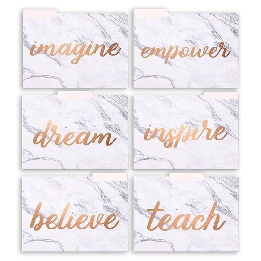 12 Pack Inspirational Marble Rose Gold File Folders with 1/3 Cut Tabs, 6 Decorative Designs (9.5 x 11.5 in)