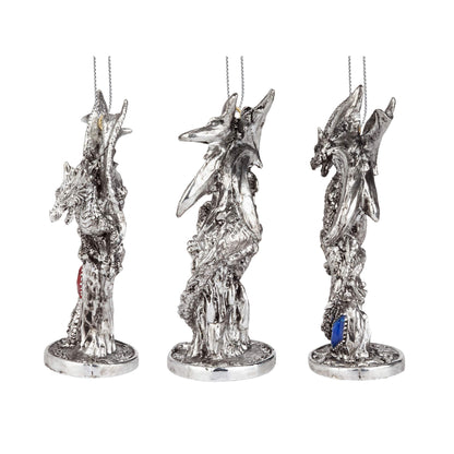 3 Dragons of The Amesbury Holiday Gemstone Ornament Set, Silver