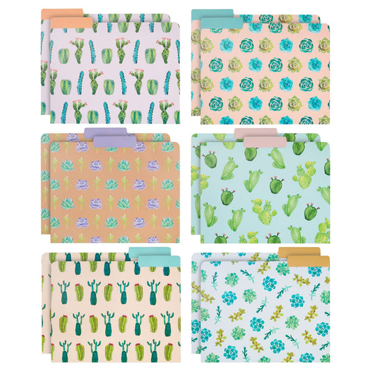 12 Pack Decorative Succulent 3 Tab File Folders, Letter Size, 1/3 Cut Tabs, 6 Cactus Designs (9.5 x 11.5 in)