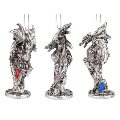 3 Dragons of The Amesbury Holiday Gemstone Ornament Set, Silver