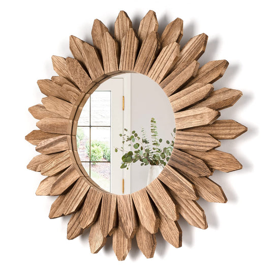 Wall Mirror Decorative 12 inch R tic Wood Mirror Sunburst Boho Mirror for Entryway Bedroom Living Room Carbonized Black