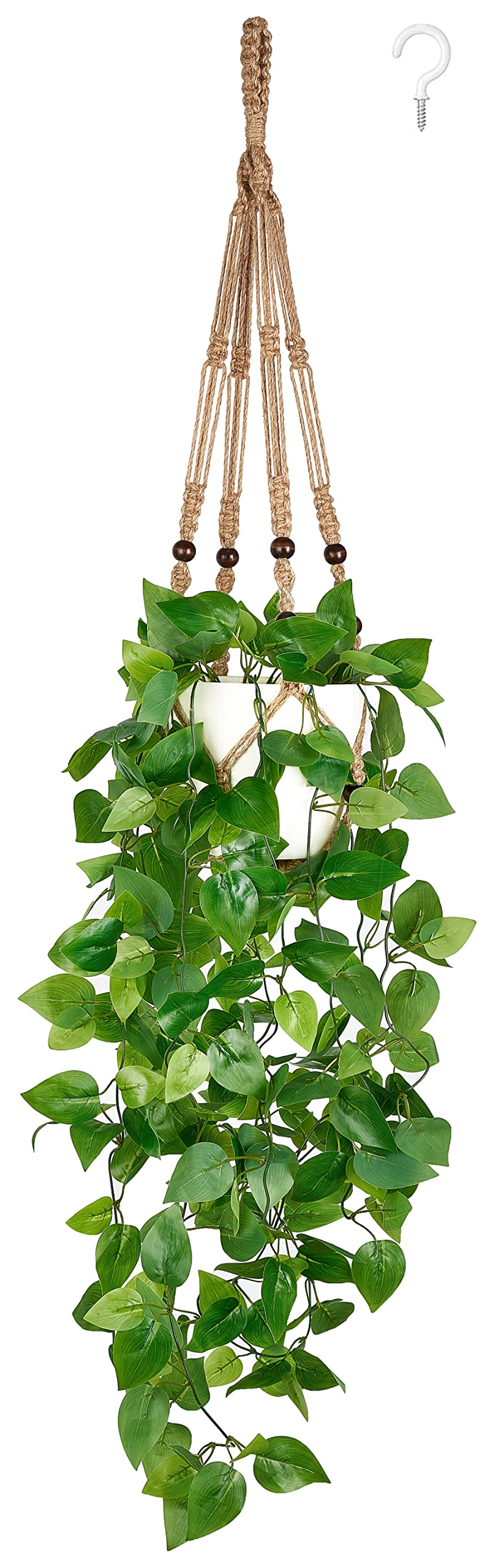 Fake Hanging Plant with Pot, Artificial Plants for Decor Indoor Macrame Plant Hanger with Fake Vines Faux Hanging Planter Greenery for Bedroom Bathroom Kitchen Office Decor, Brown (Pothos)