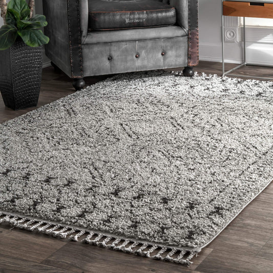 Vasiliki Moroccan Tribal Shag Area Rug, 2' x 3', Grey