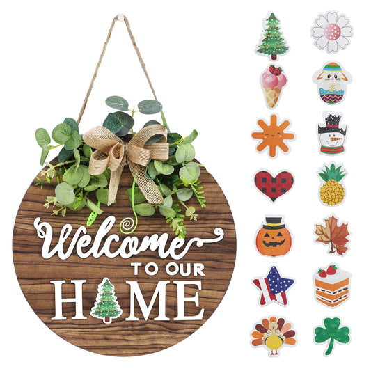 Interchangeable Seasonal Welcome Sign Front Door Decoration, R tic Round Wood Wreat Wall Hanging Outdoor, Farmho e, Porch, for Spring Summer Fall All Seasons Holiday Halloween Christmas.