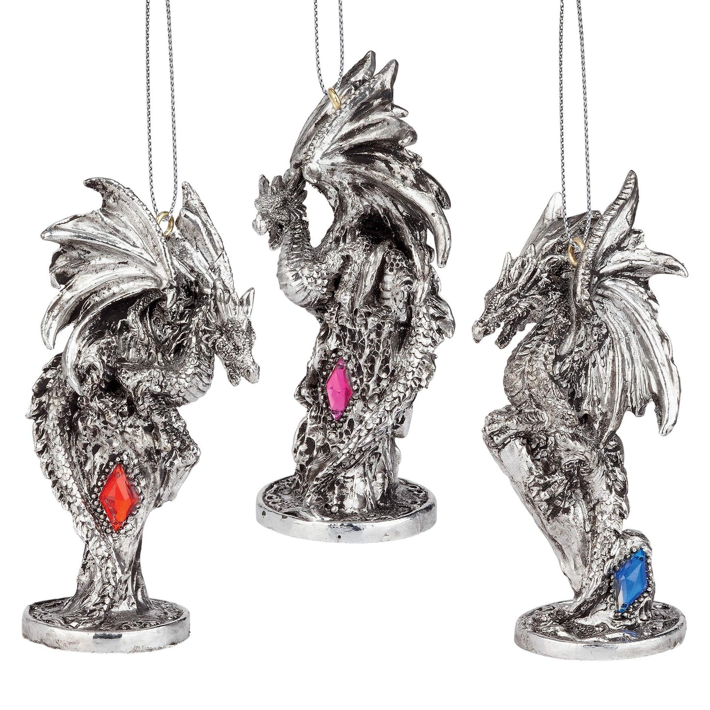 3 Dragons of The Amesbury Holiday Gemstone Ornament Set, Silver